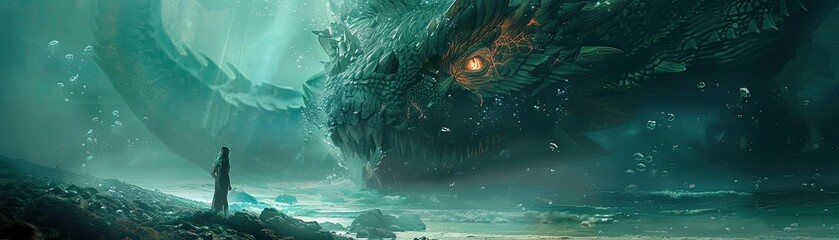 Craft a visually striking image at eye level, merging unique mythical creatures with underwater environments in a digital CG 3D style that blends realism and fantasy seamlessly