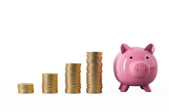 A pink piggy bank standing next to increasing stacks of coins on a white background, symbolizing savings growth