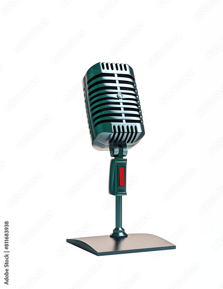 Poster a classic microphone design with a silver, black, and red color scheme displayed against a white bac