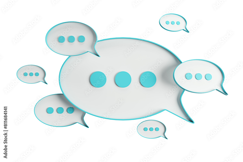 Poster a collection of chat bubble icons with teal edges, showing a message concept, isolated on a white ba