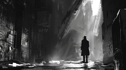 Fototapeta premium Illustrate a suspenseful scene of a detective examining a cryptic clue in a dimly lit alley