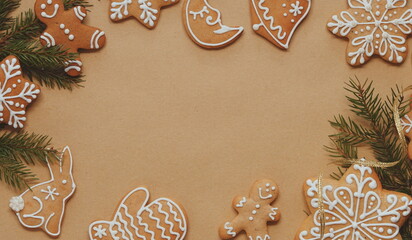 Decorative Gingerbread Cookies Top View Beige Background