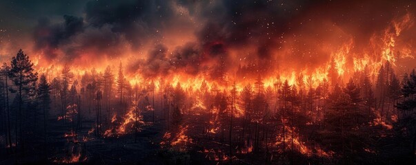 Illustrate the devastating beauty of a Wildfire through mind-blowing photography Emphasize the contrast of fiery hues against a dark backdrop