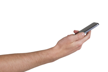 A close-up of a person's hand holding a smartphone against a white background, representing technology and communication