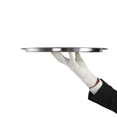 A butler's hand in white gloves presenting an empty silver tray, isolated on a white background, clean service concept