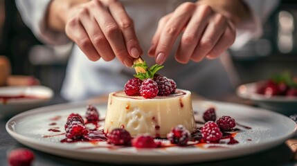Chef delicately garnishes a panna cotta with fresh raspberries and a mint leaf, emphasizing...