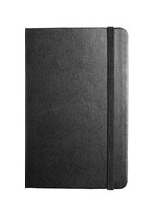 A black notebook with an elastic closure band, isolated on a white background, showcasing a simple and clean design