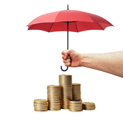 A hand holding a red umbrella over stacks of gold coins, representing financial protection or insurance concept on a white background