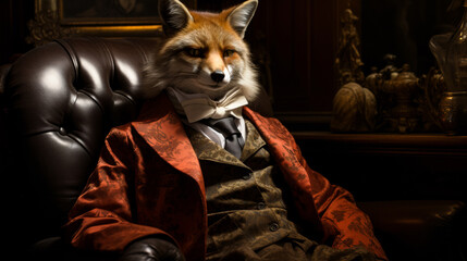 A fox is sitting in a chair wearing a suit and tie