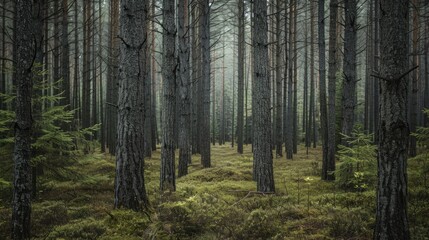 Obraz premium Forest of tall dark pine trees