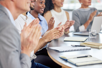Happy, business people and hands clapping in meeting, conference or seminar for communication to...