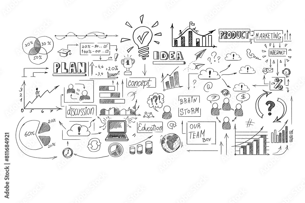 Aufkleber A hand-drawn sketch of business and marketing concepts with various doodles on a clean white background, symbolizing creativity and brainstorming
