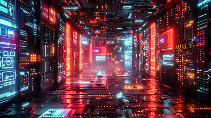Futuristic cyber tunnel with glowing neon lights and high-tech digital design, suitable for technology and sci-fi concepts.