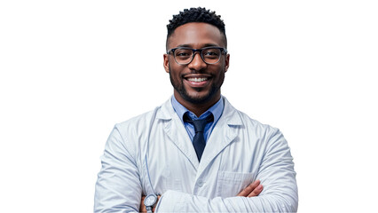 Portrait of a smiling smart and confident black male pharmacist working in a pharmacy. Wearing Lab Coat and Glasses Standing with arms crossed in PNG transparent background