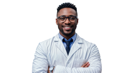 Portrait of a smiling smart and confident black male pharmacist working in a pharmacy. Wearing Lab Coat and Glasses Standing with arms crossed in PNG transparent background