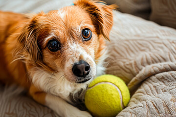 A portrait of a cute brown and white dog lying comfortably at home with its favorite yellow tennis ball. - Powered by Adobe