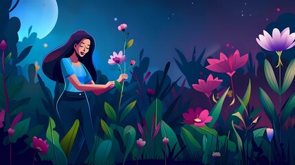 Woman surrounded by vibrant flowers and plants in her garden
