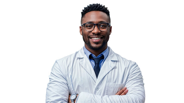 Portrait of a smiling smart and confident black male pharmacist working in a pharmacy. Wearing Lab Coat and Glasses Standing with arms crossed in PNG transparent background