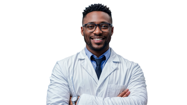 Portrait of a smiling smart and confident black male pharmacist working in a pharmacy. Wearing Lab Coat and Glasses Standing with arms crossed in PNG transparent background