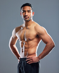 Portrait, man and fitness for muscle in health, wellness and workout in studio background for...