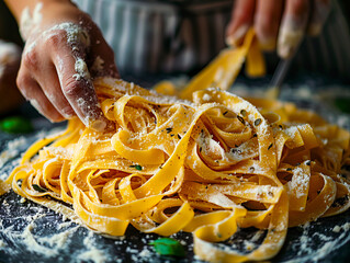A person is slicing pasta on a cutting board.
