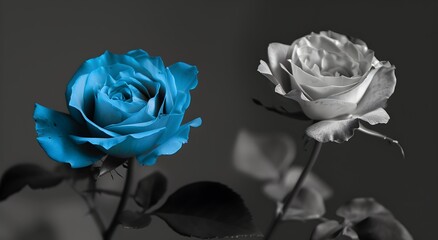 Black and white photo of two blue roses