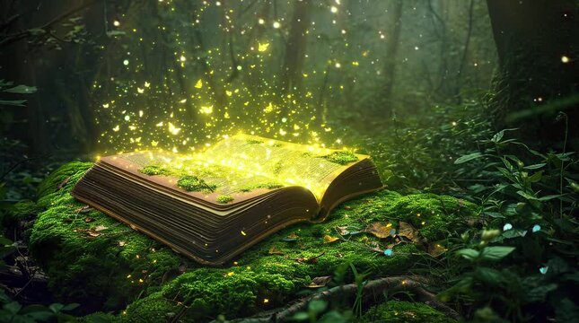 Ancient magic book resting in an enchanted forest surrounded by glowing lights
Seamless looping 4k time-lapse virtual video animation background. Generated AI