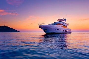 Luxury yacht sailing in the tropical sea during sunset