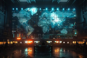 Interactive global map in a dark, digital operations center highlighting worldwide connectivity
