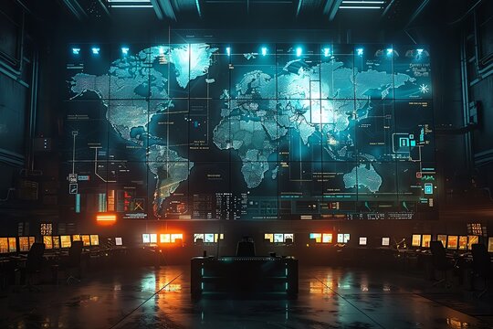 Interactive global map in a dark, digital operations center highlighting worldwide connectivity - Powered by Adobe