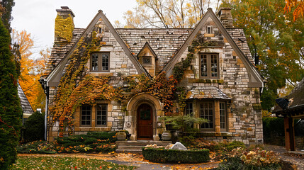 Fototapeta premium A stone house with fall leaves on the ground.