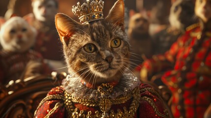 an anthropomorphic female cat dressed as the Queen in front of some people, wearing a crown and royal dress with red. Generative AI