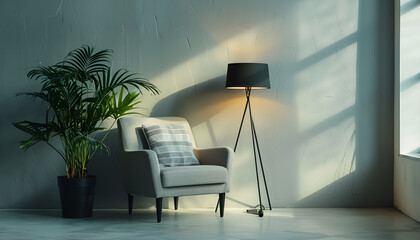Glowing lamp, grey armchair with cushion and houseplant near grey wall