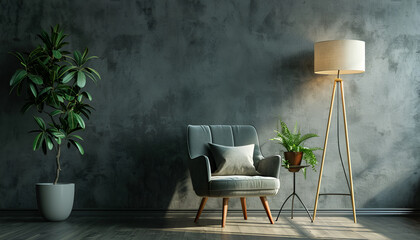 Glowing lamp, grey armchair with cushion and houseplant near grey wall