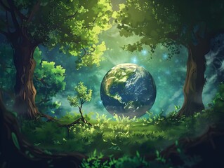 of Lush Green Forest with Earths Globe Emerging from Within Depicting Ecofriendly Harmony