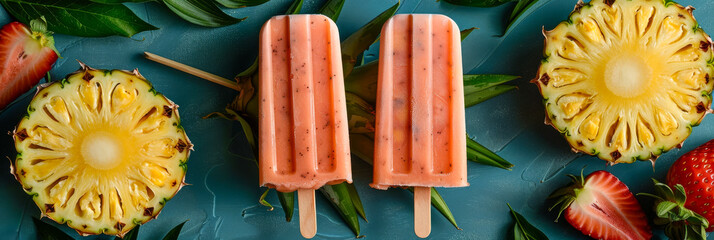 Two popsicles with a pineapple and strawberry on top