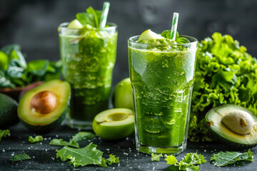 Two glasses of green juice with a green leaf on the right - Powered by Adobe