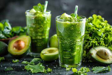 Fototapeta premium Two glasses of green juice with a green leaf on the right