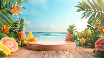 Fototapeta premium Wooden Podium, Colorful Tropical Fruits and Beach Background : Suitable for Be Used for Display and Promotion Product with Nature or Summer Vibes.