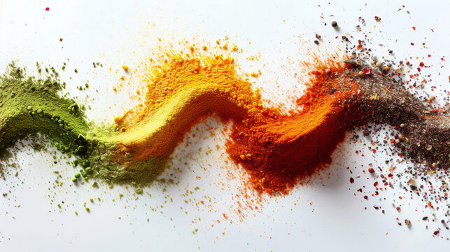 Fresh colorful herbs and spices dashed across isolated white background. Spice powder.