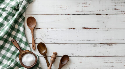 cooking products in the kitchen with a white wooden background