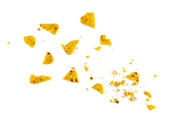 Nacho chip pieces flying, Nacho Snack Crumbs, Broken Mexican Triangle Corn Chips scrap, Crumbled Maize Snack, Corn Crisps, isolated on a transparent background, overlay graphic element