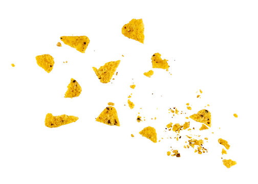 Nacho chip pieces flying, Nacho Snack Crumbs, Broken Mexican Triangle Corn Chips scrap, Crumbled Maize Snack, Corn Crisps, isolated on a transparent background, overlay graphic element