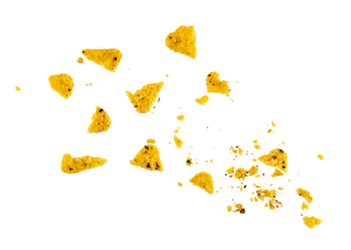 Nacho chip pieces flying, Nacho Snack Crumbs, Broken Mexican Triangle Corn Chips scrap, Crumbled Maize Snack, Corn Crisps, isolated on a transparent background, overlay graphic element