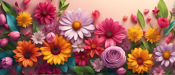 3D render happy Mother's Day banner with copy space. Celebrating Mother's Day with, heart and flowers DESIGN.	