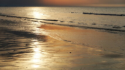 Beach Sunset Reflection Golden Hour Serene Waves Gently Lapping Mirrored Sand Surface