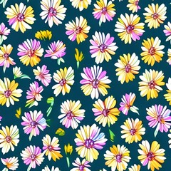 Daisy flower seamless pattern on blue background. Floral print with tiny chamomile great for fashion fabric, home decor textile and wallpaper