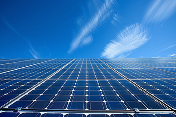 A solar panel is shown in the sky with a blue background
