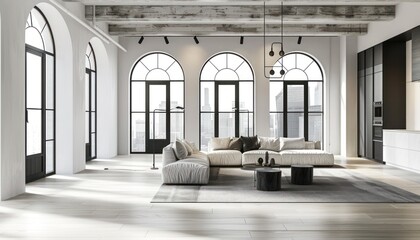 Retro Elegance Meets Modern Minimalism: A Chic Loft with Arched Windows and Soaring Ceilings. Generative AI