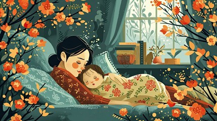 illustration of a woman taking care of a newborn baby designed using a modern flat design style, flat vector illustration